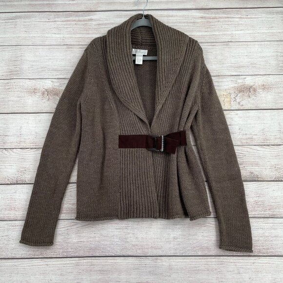 Soft Surroundings Wool Blend Chunky Knit Belted Cardigan Sweater Women's M Brown - Picture 1 of 8